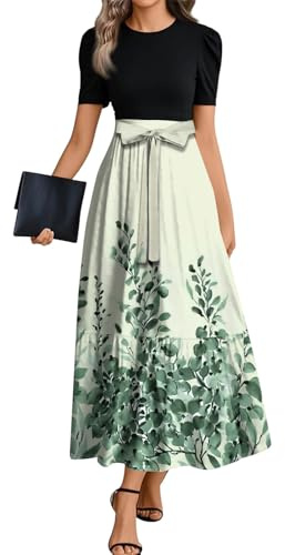 Maxikleider Damen Sommer Bohemian Kleid Elegant Damen Festlich Blumen Volant-Kleid Maxi Empirestil Skaterkleid Mit Ärmel Volantkleider A-Linien High Waist Binden Blumenkleid Kurzarm Schwingen