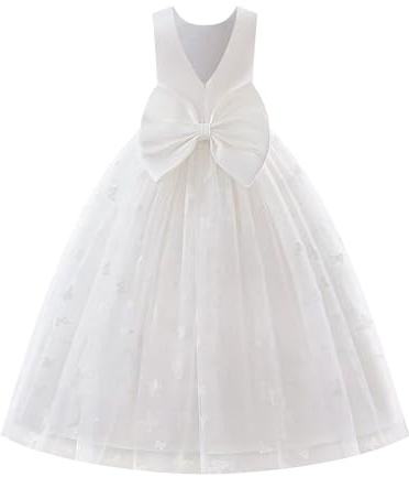 EFOGEP Abito da sposa elegante con scollo a V e fiocco, in tulle, da principessa, per damigelle d'onore, compleanno, concorso, prima comunione, feste, balli, bianco, 11-13 anni