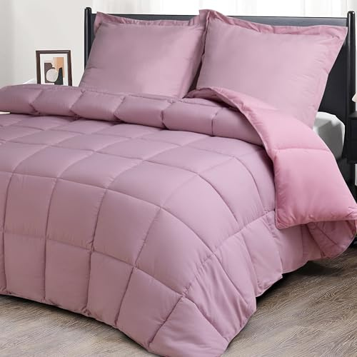 HIG 3 pièces Couette 155x220 cm pour lit 2 Personne – 250GSM Microfibre Douce Réversible avec 2 Taie d'oreiller 80x80 cm – Certifiée Oeko-Tex Couette Matelassée pour Les 4 Saisons(Rose Grisé)