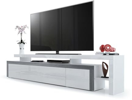 Vladon TV Board Lowboard Leon, Korpus und Überbau in Weiß matt/Front in Weiß Hochglanz mit Rahmen in Avola-Anthrazit (227 x 52 x 35 cm)