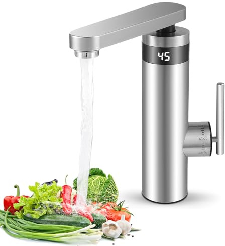 3000 W 230 V grifo de agua eléctrico de paso de acero inoxidable con calentador de agua, grifo de cocina con indicador de temperatura, grifo de agua caliente y fría para cocina y baño