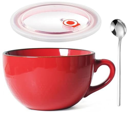Aarcyye Groß Tasse Keramik, 700ml Groß Müslischalen mit Henkel, Salat Schale, Große Teetasse Mit Deckel und Löffel, Wiederverwendbar Porzellan Kaffee Tasse, Für Speisebars(Leuchtend Rot)