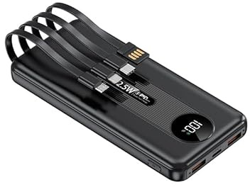 Power Bank with 4 Built-in Cables, 22.5W PD Fast Charging Portable Charger 10000mAh High-Capacity Battery Pack with LED Display 6-Output & 5-Input for Smartphones Tablets and More (Black, 10000mAh)