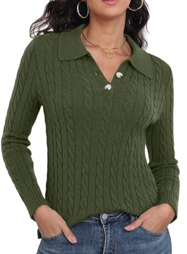 GRECERELLE Women's Knit Jumper Polo Neck | Cable Knit Long Sleeve, Casual, Pullover, Tops, for Fall Winter