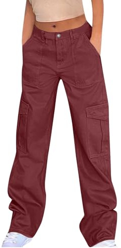 Jean cargo pour femme - Taille haute - Stretch - Coupe droite - Pantalon boyfriend - Jogging baggy Y2K droit - Bordeaux, L