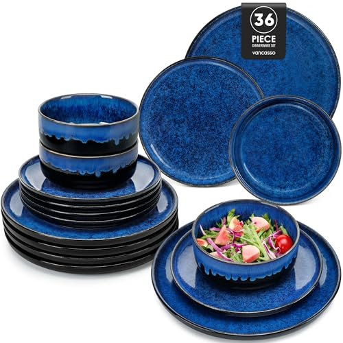 vancasso Dinner Sets for 12 People, Starry Reactive Glaze Blue Crockery Set, Ceramic Plates and Bowls Sets Include Large Dinner Plates, Dessert Plates, and Cereal Bowls Set
