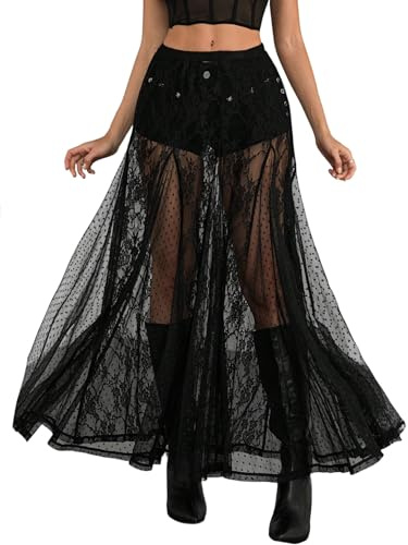 SOLY HUX Damen Festival Rock Y2K Spitze Rock Elegant Maxirock Durchsichtig Partyrock Einfarbig Spitzenrock Festival Outfit Tanzrock Schwarz M