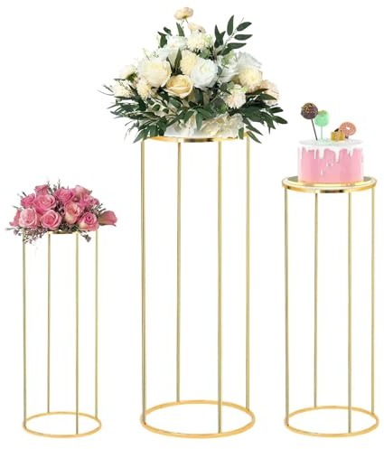 PIPITA 3PCS Gold Cylinder Pedestal Stands for Parties, Metal Cake Table Round Stand, Display Cylinder Tables for Birthday Party Wedding Living Room Patio Display
