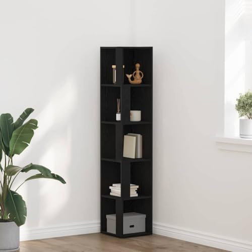 Zeehear hörnhylla svart eklook, 33 x 33 x 164,5 cm, trämaterial, 5 hyllor, robust stativhylla för vardagsrum, kontor, mångsidig förvaring