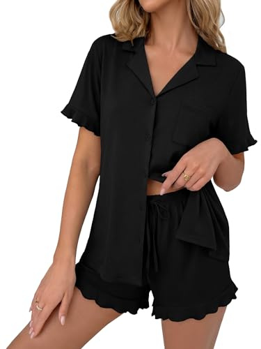 Ekouaer Pajamas Set for Women Button Down Pjs Lounge Sets Ruffle Short Sleeve Sleepwear Cute Loungewear,Black,Medium