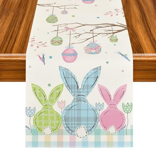 Ostern Hasen Tischläufer, Ostertischdecke, Ostern Tischläufer Frühling, Frühlings Blumen Osterei Tischdecke, 33x183 cm Tischdekorationen für Oster- und Frühlingsfeste(B)