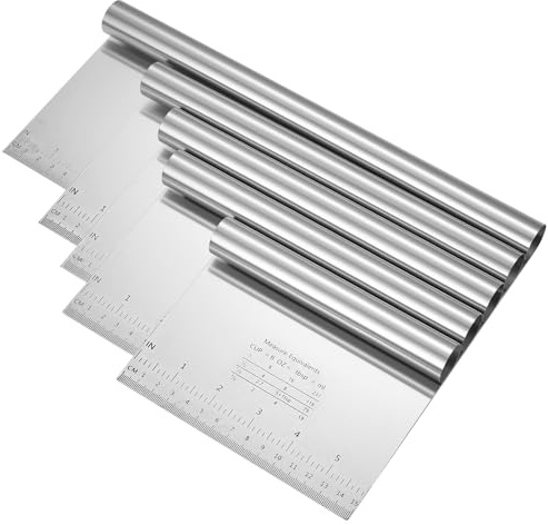 5 Pcs Rasqueta Cocina, Espátula Acero Inoxidable, Raspador de Masas, Rasqueta de Masa de Acero Inoxidable, Cortador Masa con medidor para pasteles, pizzas hornear (15/20/22/25/30 cm)