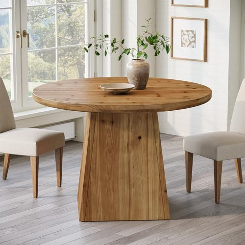TRIBEWOOD Tavolo da pranzo rotondo in legno massiccio per 4-6 persone, tavolo da cucina industriale in legno con base a colonna, diametro 100 cm, per sala da pranzo, cucina, soggiorno