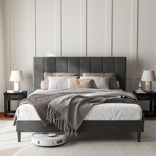 Bednew Double Bed Frame, Dark Grey Upholstered Bed with Headboard | Luxurious Fabric, Ultra-Sturdy Wooden Slat Support, Quiet Assembly | Underbed Storage, No Box Spring Needed | 135x190 cm