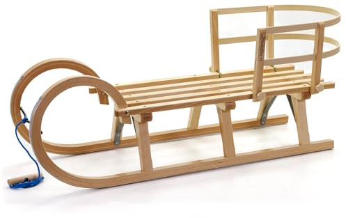 HolzFee Hörnerschlitten mit Lehne + Zugleine | Baran S 110 RL Ecru | Hörnerrodel Schlitten Holz