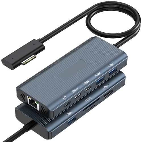 Docking Station Surface, Docking Station Surface 10 in 1 con HDMI, Ethernet, SD/TF Slot, 3*USB 3.0+2*USB C 3.0+1*USB C PD, Dock Surface per Surface Pro, Surface Laptop, Surface Book