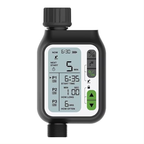 IRRIGATECH Regnsensor bevattningstimer, 3 program, 3,5 tum LCD-skärm, IPX5 vattentät, 1/2-3/4-tums uttag för trädgård, trädgård, Cesped (Mod.355_Digital 3 program och regnsensor)