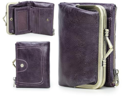 Contacts Cartera RFID para Mujer con Cierre de Beso, Monedero Bifold Compacto de Cuero Genuino para Damas con Bolsillo con Cremallera Vintage, Tarjetero Pequeño Clutch con Ventana de ID, morado oscuro