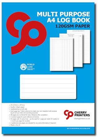Cherry Printers | A4 Multi Purpose Log Book | Record Book Register Notebook | 120gsm Paper | 52 Pages with 7 Columns | Numbered Pages with Contents & Notes Pages | Office School Business Logs