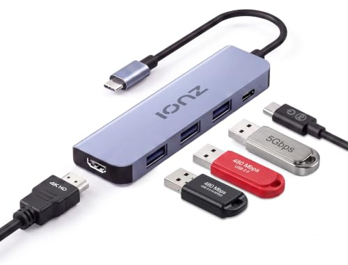 IONZ USB C Hub, 5 in 1 Hub for Laptops, 4K HDMI to USB-C Adapter, 100W PD | 3 USB-A Data Ports, Compact Multiport Type C Adapter/Dock for MacBook Air Pro, HP, Dell, iPad, Samsung Galaxy
