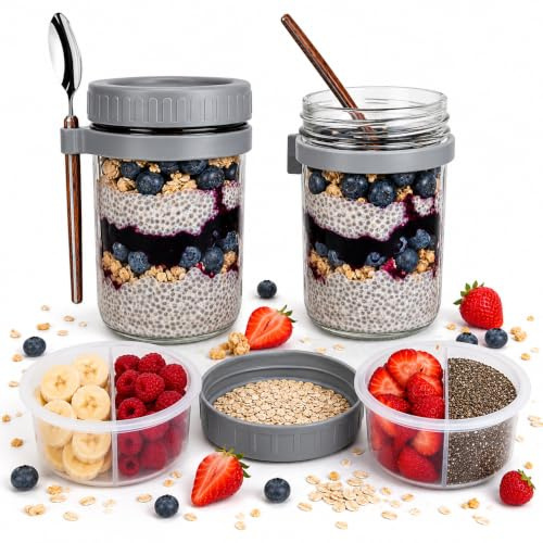 Overnight Oats Jars 450ml, Glass Jars with Lids & Spoon, Mason Jars for cereal and yogurt Container - Airtight Yoghurt Pots, Chia Pudding, Granola & Salad Breakfast Jars with Measurements, Set of 2