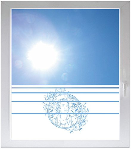 INDIGOS UG Sichtschutzfolie Glasdekorfolie Fensterfolie mit Motiv satiniert Blickdicht - d104 hübsches Ornament mit Netter Frau - 1000 mm Länge - 500 mm Höhe Streifen - selbstklebend - matt
