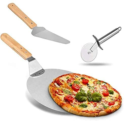 Weeygo, 3 Attrezzi per Pizza e da Forno, taglierino, Pala e palino in Acciaio Inossidabile, con Manico in Legno, per cuocere Pizza e Torte su Forno e Grill, Colore: Argento