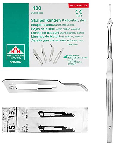 May Skalpell-Set Figur 15 Halter 3 extralang 16 cm Karbonstahl 100 Stk | Praktisches Set: Extralanger 16 cm Skalpellhalter (Fig. 3) aus Edelstahl und 100 sterile Karbonstahlklingen der Figur 15.