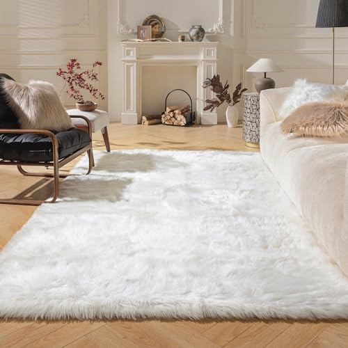 Ashler Tapis en Fausse Fourrure rectangulaire à Poils Longs Ultra Doux, 122 x 182 cm, Lavable en Machine, décoration de Chambre, Chambre d'enfant, Salon, Blanc