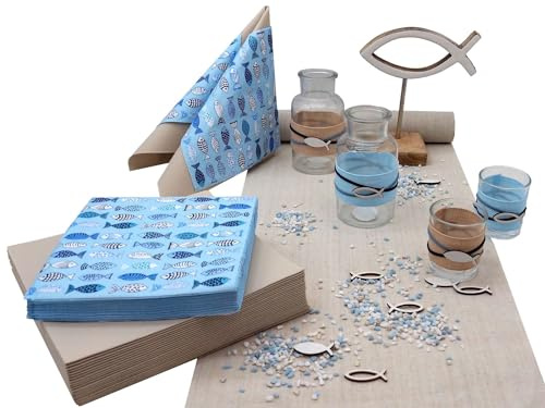 ZauberDeko Tischdeko Kommunion Konfirmation Blau Fisch Holz Tischaufsteller Set 20 Personen