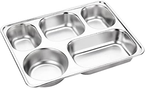 Unbreakable Divided Portion Plates - Stainless Steel Lunch Box Dinner Plate Divided Tray with 5 Sections Divided Cafeteria Tray for Kids/Adults Food Controller for Camping, Events & Every Day Use
