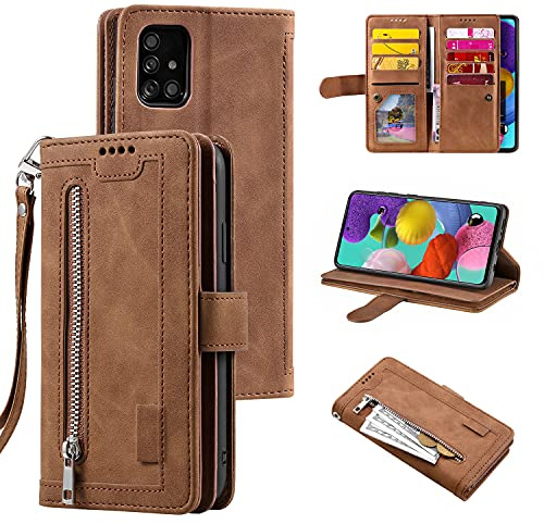 UEEBAI Hülle für Samsung Galaxy A71, Retro Leder Klapphülle, Braun | Premium PU Handyhülle Magnetische Lederhülle mit 9 Kartenfächer Standfunktion Geldbörse Trageband Schutzhülle Wallet Case