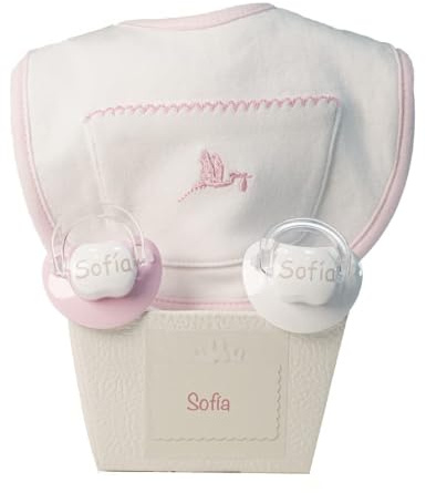 Schnuller für Babys, personalisierbar mit Namen, für Babys von 0-6 Monaten, BPA-frei, präsentiert in eleganter Vintage-Box (Rosa, 2 Schnuller + Lätzchen) | BebeDeParis