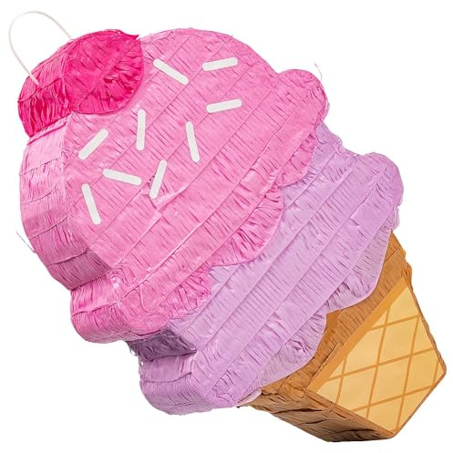 Fun Express Large Ice Cream Pinata for Birthday Party - Premium Double Scoop Design 20 Tall | Pull String or Traditional Style for Kids & Adults | Sweet Themed Decorations