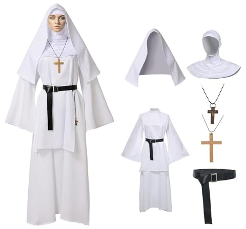 BPURB Nonnen Kostüm für Damen Erwachsene Deluxe Line Nonnen Kostüme Halloween Cosplay Sister Act Kleidung Zubehör für Motto-Party Karneval (Kleid, Gürtel, Kopfbedeckung, Kreuz)