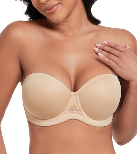 DotVol Damen Trägerloser BH Rückenfrei Ohne Träger Push Up Büstenhalter mit Geformte Cups für Abendkleider Ballkleider Brautkleider(90B,Beige)