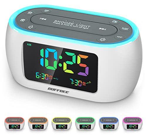 BUFFBEE Radiowecker mit bunten Regenbogenziffern - 7-farbiges Nachtlicht mit EIN/Aus-Option, Doppelalarm, Dimmer & USB-Ladegerät, FM-Radio für Schlafzimmer, netzbetrieben und batteriegestützt