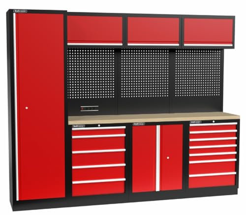 Kraftmeister Werkstatteinrichtung - Männerküche mit 12 Schubladen und 5 Schränken - Werkzeugschrank, Garage - modulares Werkbank mit Holzarbeitsplatte (Multiplex) und Werkzeugwand - Rot