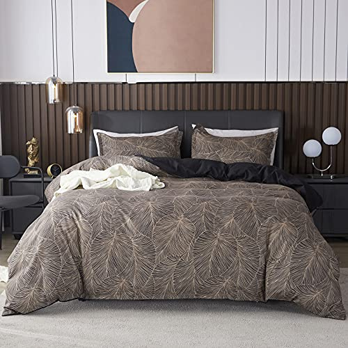 Jemiipee Blumen Bettwäsche-Set mit Tropische Palmblätter Muster, 1 x Bettbezug 220x240 cm mit 2 x Kissenbezüge 80x80 cm und Reißverschluss, Weiche 100% Mikrofaser Bettwäsche Modern, Dunkelbraun