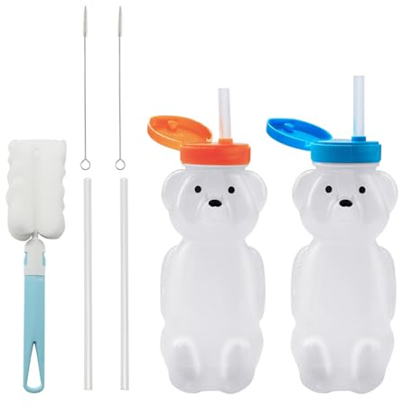 ICEBLUEOR 2 Pack Honey Bear Straw Cups, Squeezable Sippy Cup, Reusable Food-Grade Honey Bear Water Bottle,Therapy and Special Needs Assistive Drink Containers with 2 Straws & 1 Cleaning Brush
