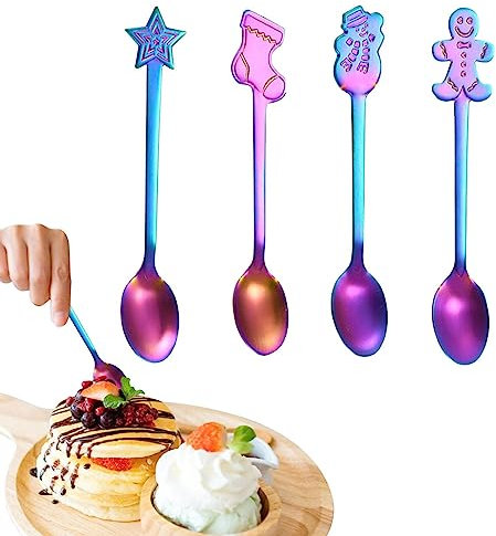 Stainless Steel Christmas Spoon - Small Cutlery Spoons 4 Pieces Teaspoons, Food Grade Stainless Steel Mixing Spoon, Flower Spoon Set