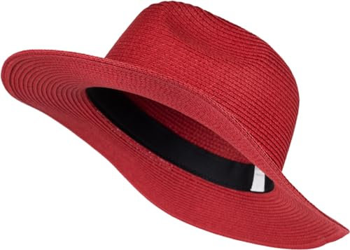 styleBREAKER Damen Panama Sonnenhut aus Papierstroh | Faltbarer Knautschhut mit breiter Krempe | Sommer Fedora Hut für Strand und Festival, Farbe:Rot
