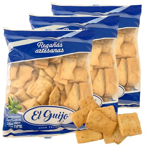 Regañá Artesana El Guijo - Con 18% de Aceite de Oliva Virgen Extra. Pack de 3 bolsas x 250 gr. (750 gr.) Cuadraditos de Pan Crujiente.