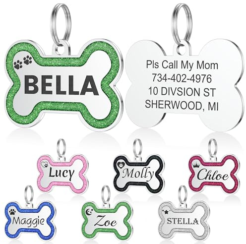 Hundemarke mit Gravur - YEHANTI Personalisierte Anhänger für kleine bis mittelgroße Hunde in Glitzerknochen - Edelstahl Hundemarke Personalisiert mit Name, Telefonnummer und Adresse (Grün, Kleine)