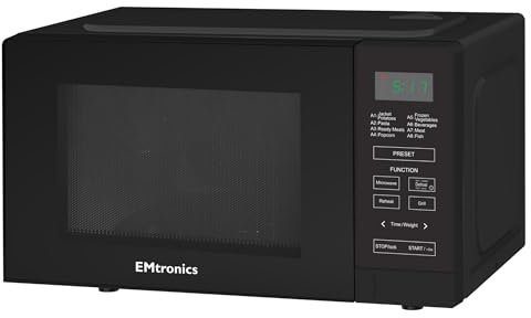 EMtronics 20 Litre 700W Digital Microwave with 800w Grill, 10 Power Levels, 8 Preset Options, Defrost Function and Cavity Light - Black