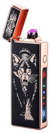 Personnalisé Briquet Électrique Indicateur de Batterie Briquet USB Plasma Rechargeable Coupe-Vent & sans Flamme, Double Arc avec Indicateur de Batterie pour Bougies/Grill (Wolf)