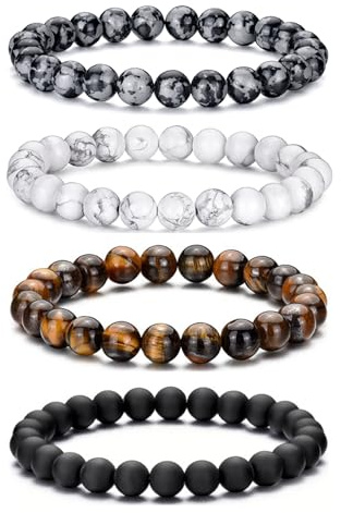 RANKEEF Tiger Eye Bracelet For Men 8MM Natural Stone Beads Bracelet Set Stretch Lava Rock Bracelets Adjustable Black Crystal Beaded Bracelet for Men Women Gifts, inch, 4,black,white