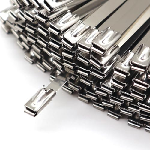 100 bridas de metal de acero inoxidable resistentes autobloqueantes, ampliamente utilizadas en garajes, jardines, fábricas y al aire libre (11.8 pulgadas)