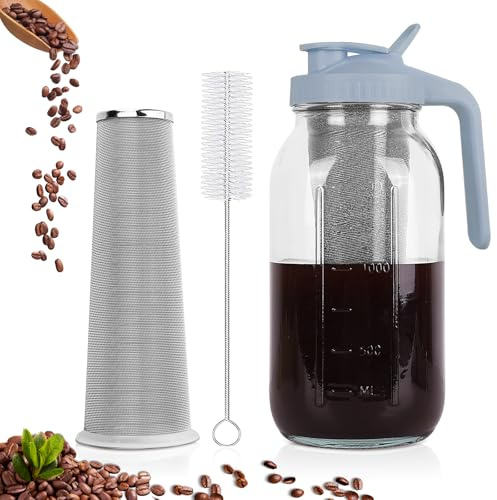 QHH Cold Brew Coffee Maker, 64 oz Wide Mouth Mason Jar Pitcher with Stainless Steel Filter, Pour Spout Handle Lid, Heavy Duty Glass Airtight & Leak-Proof Pitcher for iced Coffee & Tea Lemonade- Gray
