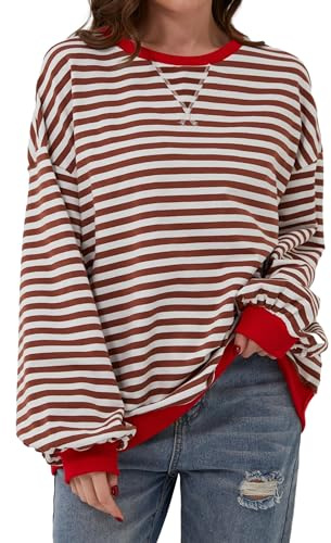 Chicrise Sweatshirt dam överdimensionerad randig färgblock långärmad tröja stickad rund urringning toppar lös, Brun-vit randig, XL